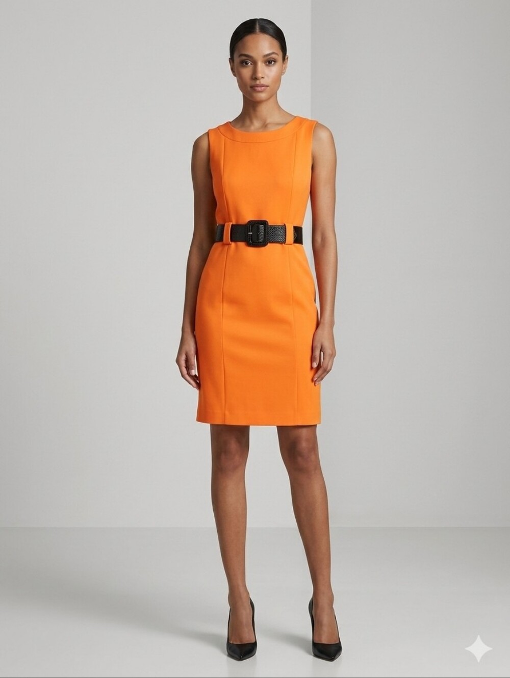 Sharango orange dress with black belt thru oversized belt loops. Zipper in back